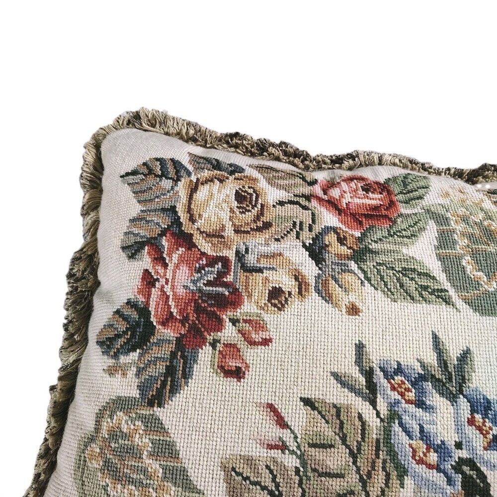 Vtg Floral Needlepoint Tapestry Throw Pillow Cottagecore Grandmillennial 24x19 - Picture 3 of 7